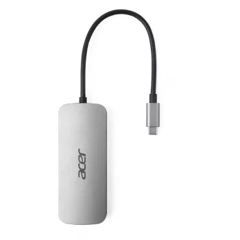7‑in‑1 USB‑C Dongle Acer — USB 3.2 Gen 1 Type‑C, 3x USB‑A, HDMI, SD/MicroSD, 100 W PD, sidabrinis