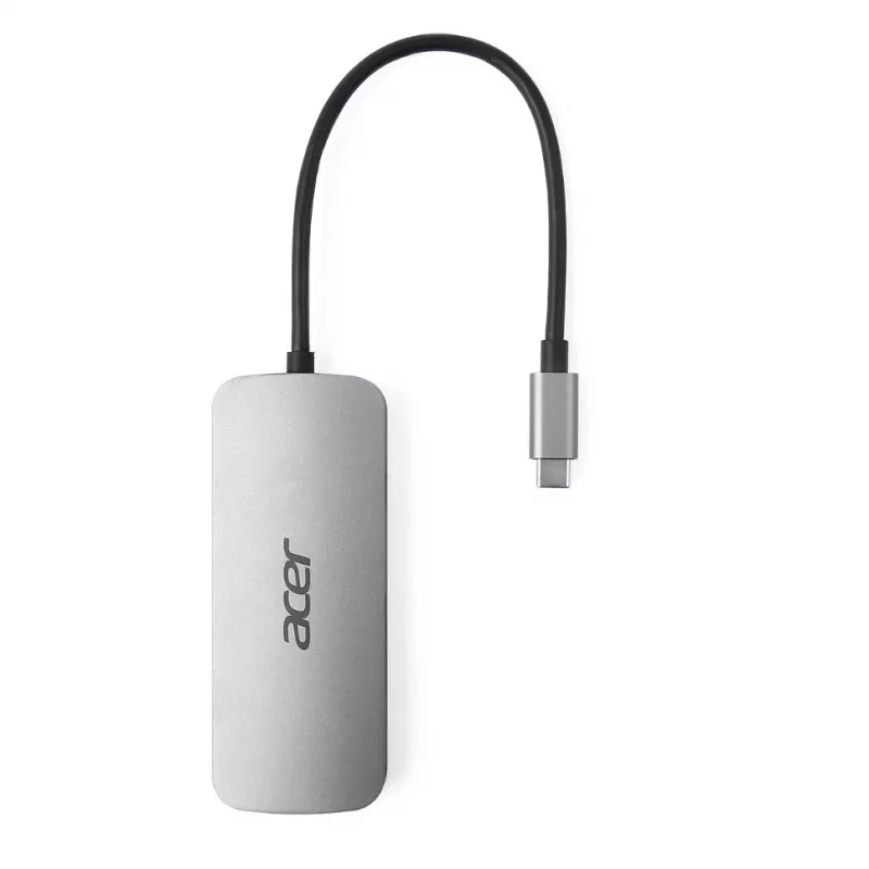 7‑in‑1 USB‑C Dongle Acer — USB 3.2 Gen 1 Type‑C, 3x USB‑A, HDMI, SD/MicroSD, 100 W PD, sidabrinis