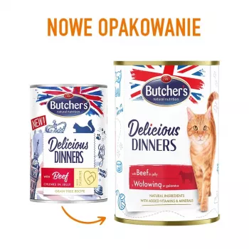 Butcher's Delicious Dinners 400 g — šlapias kačių maistas, jautiena, be grūdų, suaugusioms katėms
