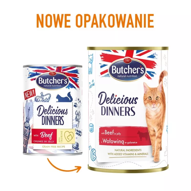 Butcher's Delicious Dinners 400 g — šlapias kačių maistas, jautiena, be grūdų, suaugusioms katėms