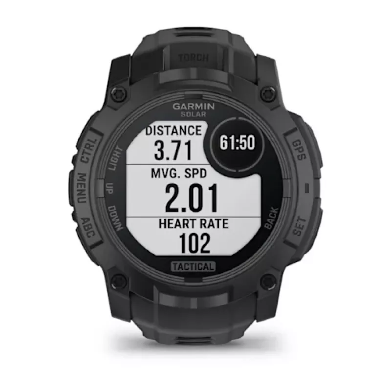 Išmanusis laikrodis GARMIN Instinct — 45 mm, 3,05 cm (1,2 col.) AMOLED 390×390 jutiklinis ekranas, 4 GB, GPS, silikoninis dirželis juodas, 53 g