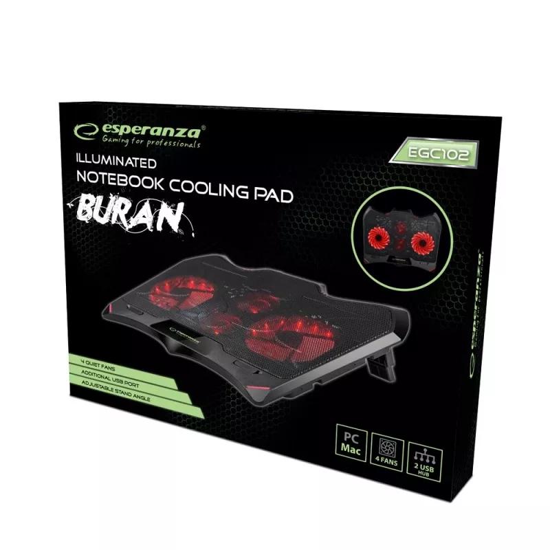 Nešiojamojo kompiuterio aušinimo padėklas ESPERANZA EGC102 — 4 ventiliatoriai, maitinamas per USB, 2 aukščio padėtys, juodas, 415×305×27 mm