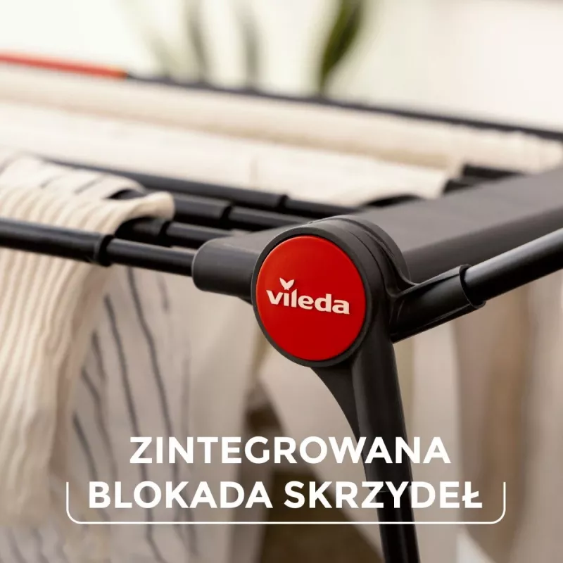 Drabužių džiovinimo stovas VILEDA Infinity Flex Ultimate Telescopic — juodas, dengtas aliuminis, 30 m džiovinimo vietos, sulankstomas, ratukai