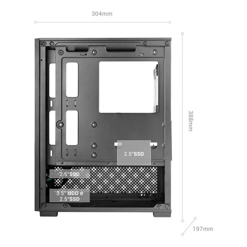 “Mini Tower” PC korpusas TACENS Mars Gaming MC-SE2 — Mini-ITX / Micro-ATX, juodas, šoninis langas, apatinis PSU, palaiko 2x2.5 colio + 1x3.5 colio