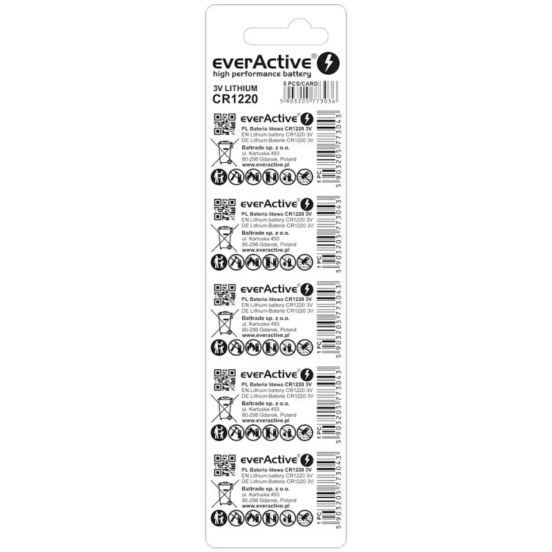everActive CR1220 ličio baterija — 3V, 40 mAh, 12,5×2 mm, vienkartinė, 5 vnt.