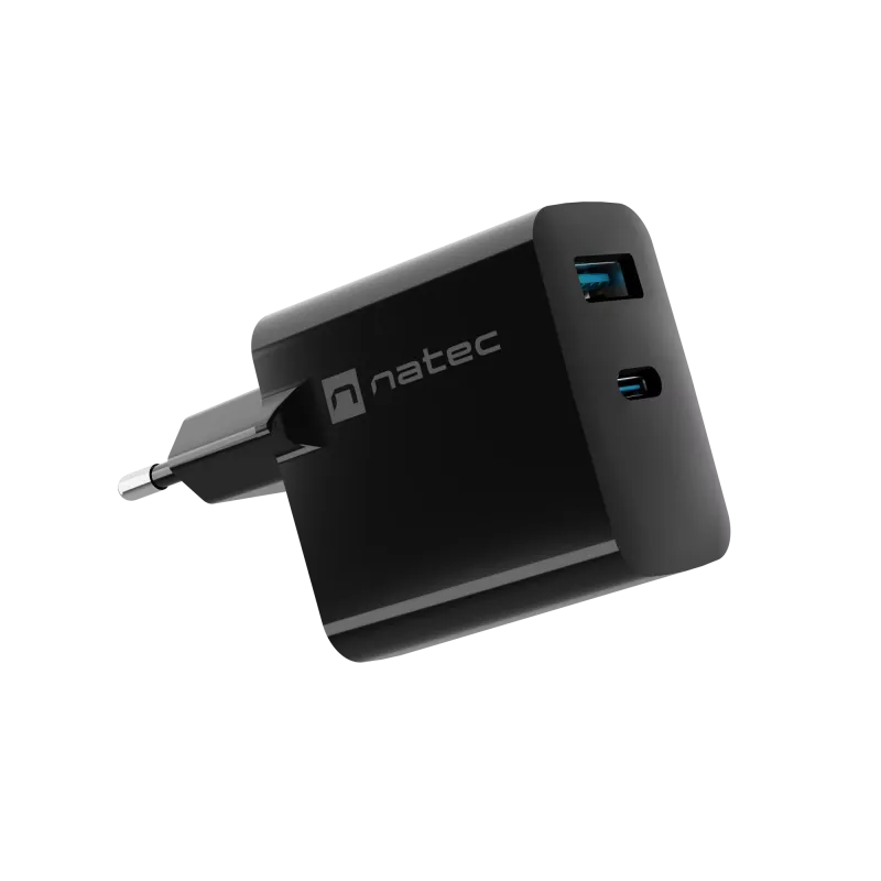 Laidus mobilusis įrenginių įkroviklis NATEC NUC-2145, 65 W, USB-C PD 3.0 + QC 3.0, 1x USB-C, 1x USB-A, 110–240 V, juodas