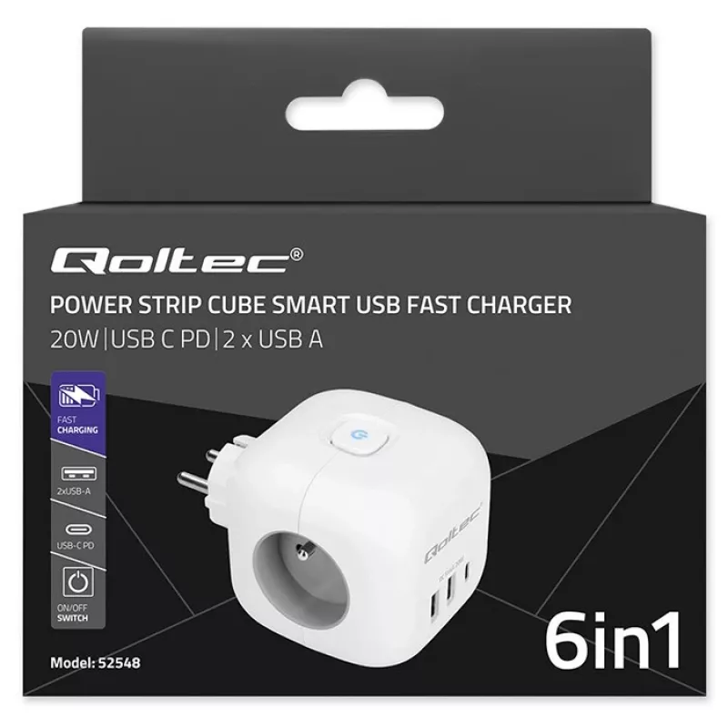 Maitinimo lizdų blokas QOLTEC 52548 su 3×AC lizdais ir USB prievadu
