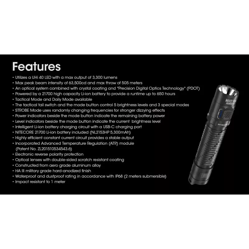Rankinis žibintuvėlis Nitecore MH12 Pro Juoda LED 3300 lm USB įkraunamas 5300 mAh, aliuminis, 138.5 mm, 81.5 g, atsparus vandeniui iki 2 m