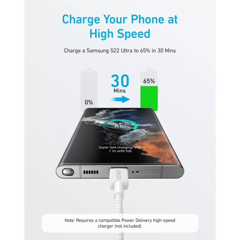 Anker Innovations 322 USB-C į USB-C laidas, nailoninis, 0,9 m, 60 W, baltas - Laidas - Skaitmeniniai/duomenys (A81F5G21)