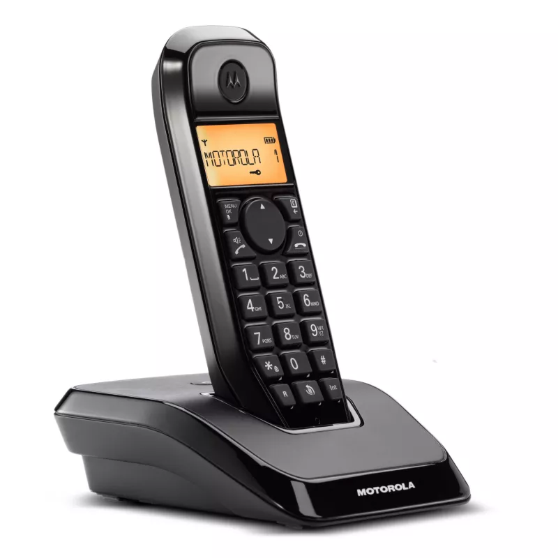 DECT telefonas Motorola S1201 — belaidis ragelis, laisvų rankų garsiakalbis, skambintojo ID, 50 vietų telefonų knyga, juodas