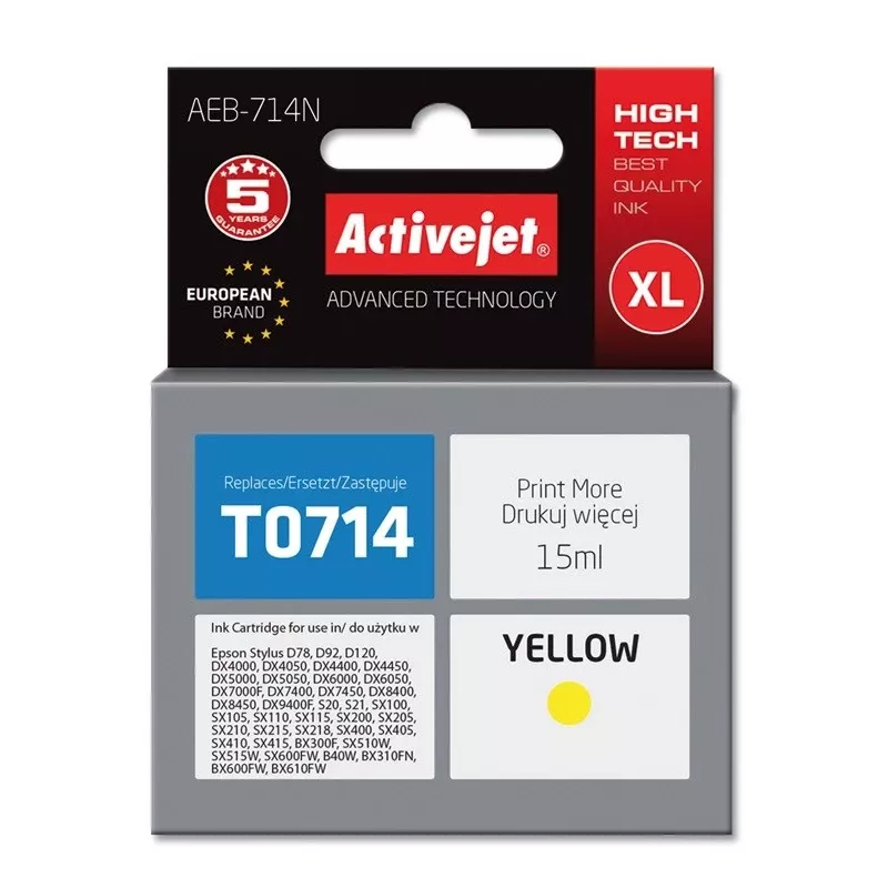 Activejet AEB-714N rašalas (pakaitalas Epson T0714, T0894, T1004; Supreme; 15 ml; geltonas)