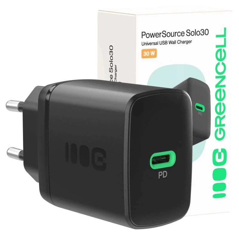 Maitinimo adapteris Green Cell PowerSource Solo30 30W juodas — USB‑C vieno prievado įkroviklis