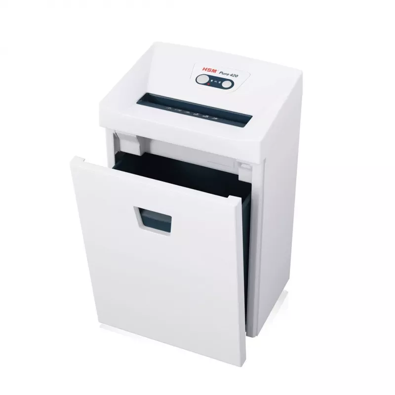 Smulkintuvas HSM Pure 420 – dalelių pjovimas P-4, 24 cm darbinis plotis, 15 lapų talpa, 35 l dėžė, balta