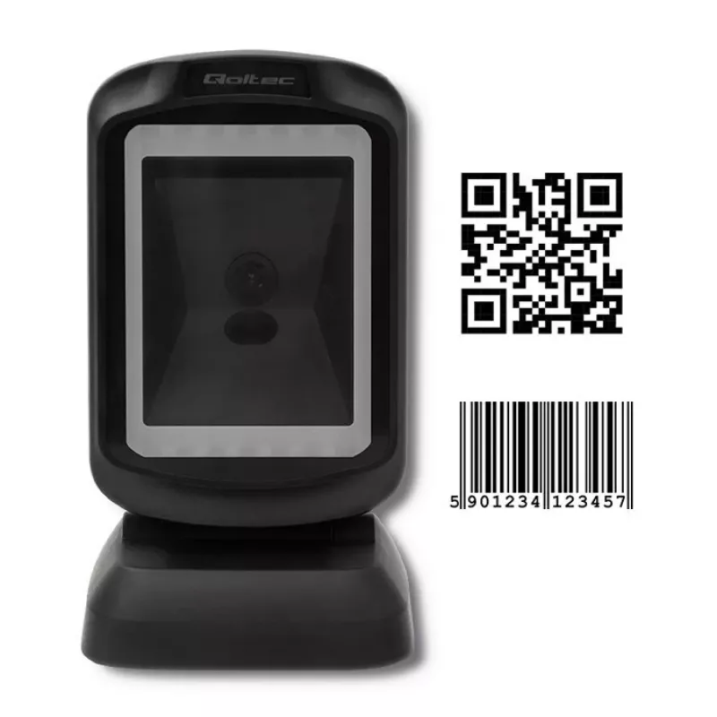 Fiksuotas 1D/2D brūkšninių kodų skaitytuvas QOLTEC 50864, LED jutiklis, USB laidinis, juodas, 145×85×80 mm
