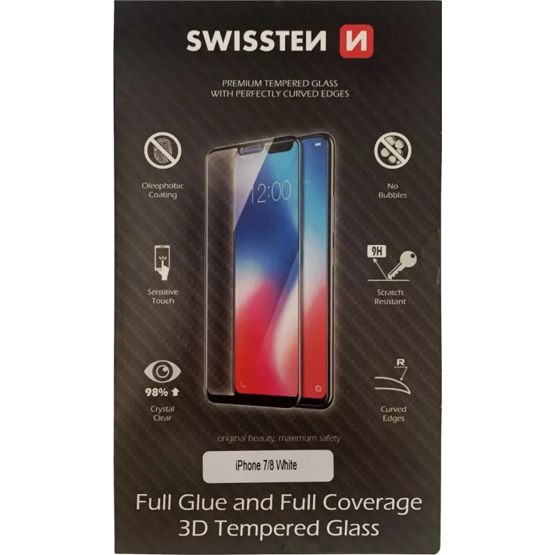 Grūdintas 3D pilno klijavimo stiklo ekrano apsauga SWISSTEN, skirta iPhone 7/8 — balta