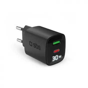 SBS PD Reiselader 30W USB-C/18W USB LCD GaN juoda (TETRGANLCD1USB1C30K)