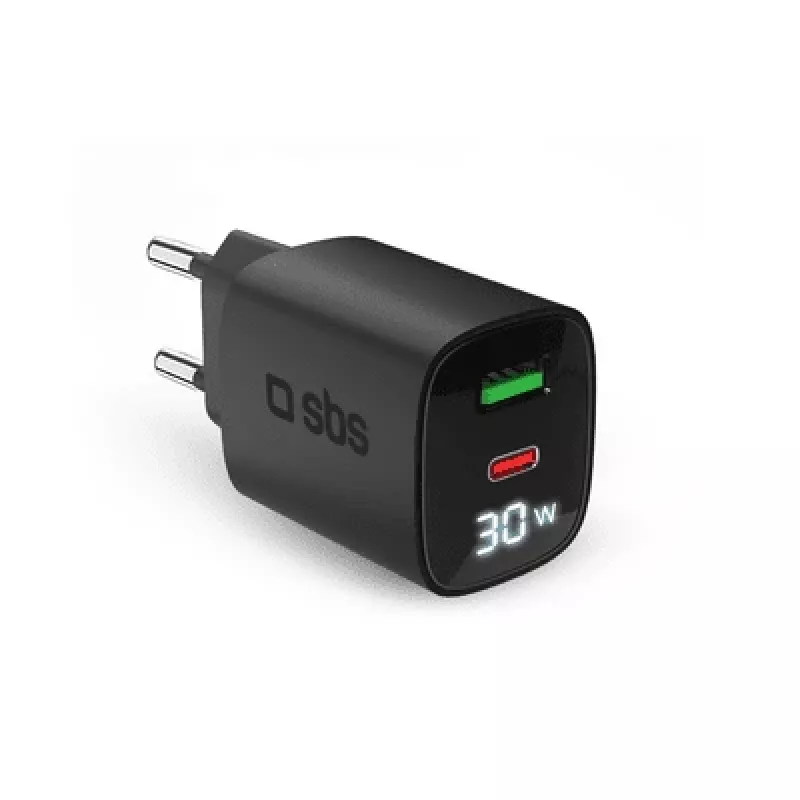 SBS PD Reiselader 30W USB-C/18W USB LCD GaN juoda (TETRGANLCD1USB1C30K)
