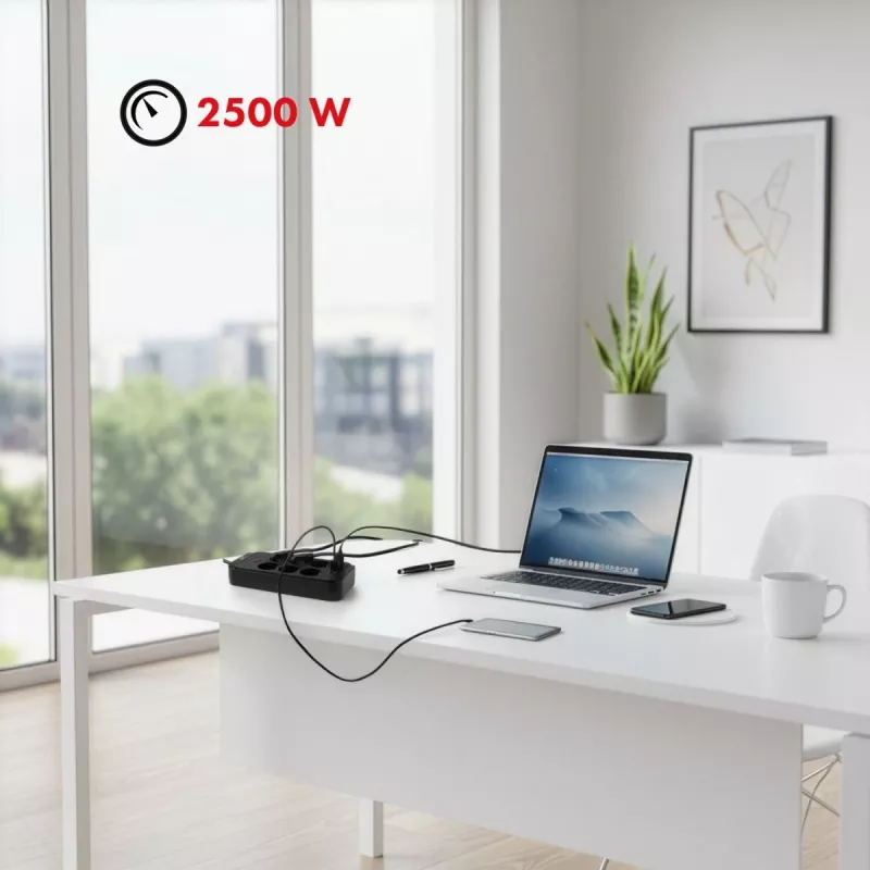 Maitinimo lizdų blokas MACLEAN MCE389 B — 6 lizdai, 4×USB-A + 1×USB-C, 110–240V, 2.1A, 2500W, 1.5 m laidas, juodas