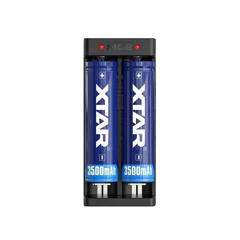 XTAR dviejų lizdų Li-ion baterijų įkroviklis 18650 elementams, USB-C įvestis, 2 lizdai, juodas, LED indikatoriai