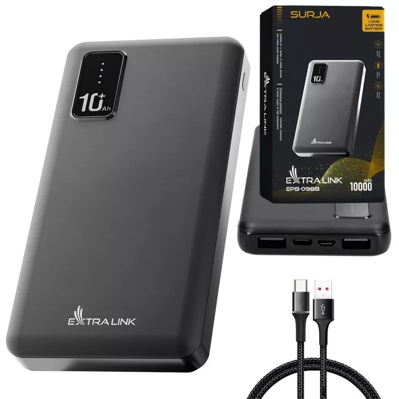Išorinė baterija Extralink EPB-098B 10000 mAh, LiPo, 2× USB-A + 1× USB-C, juoda