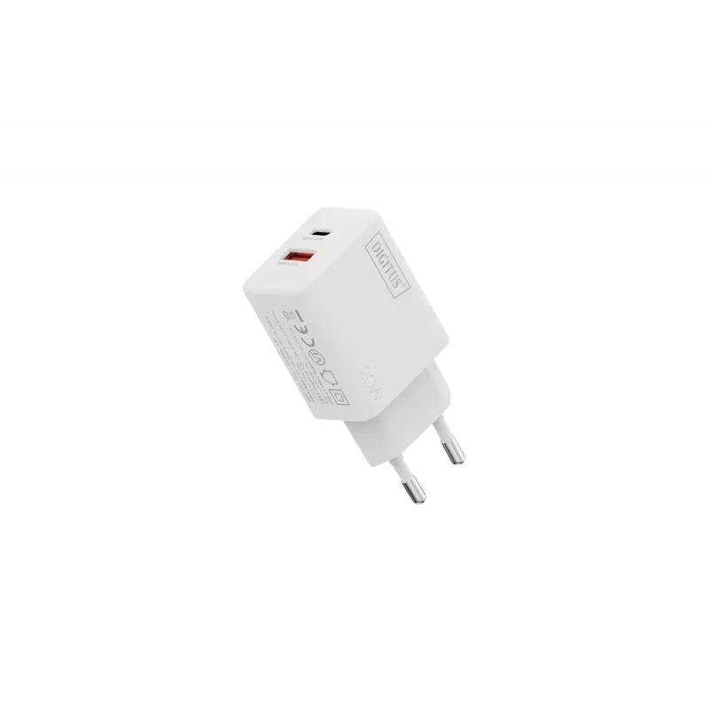 Kintamosios srovės USB įkroviklis DIGITUS 20 W, 1x USB-C, 1x USB-A, įvestis 100–240 V, baltas