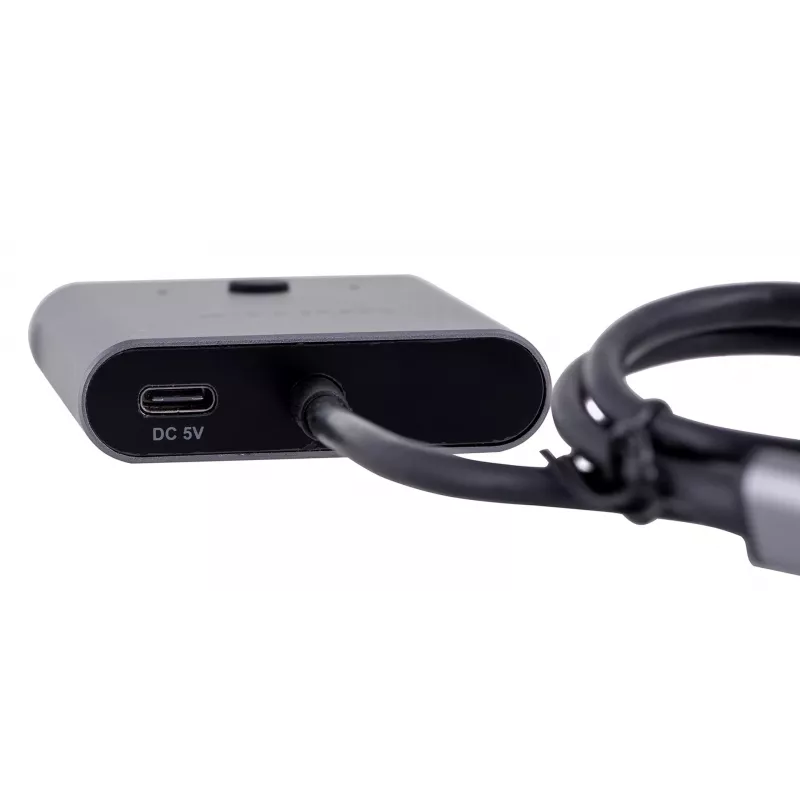 USB-C šakotuvas Unitek D1078A — USB-C dokinimo stotis, 2x USB-C įvestis, 1x USB-C išvestis, 100 W PD, 4K palaikymas, 3840×2160 maks., pilka