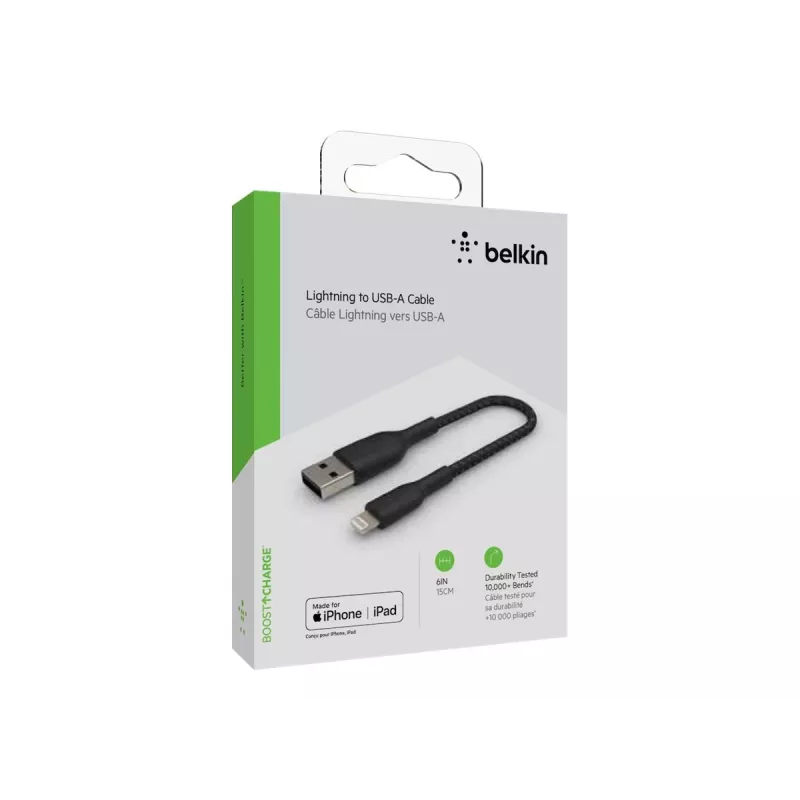 Kabelis Braided USB-Lightning 15 cm juodas