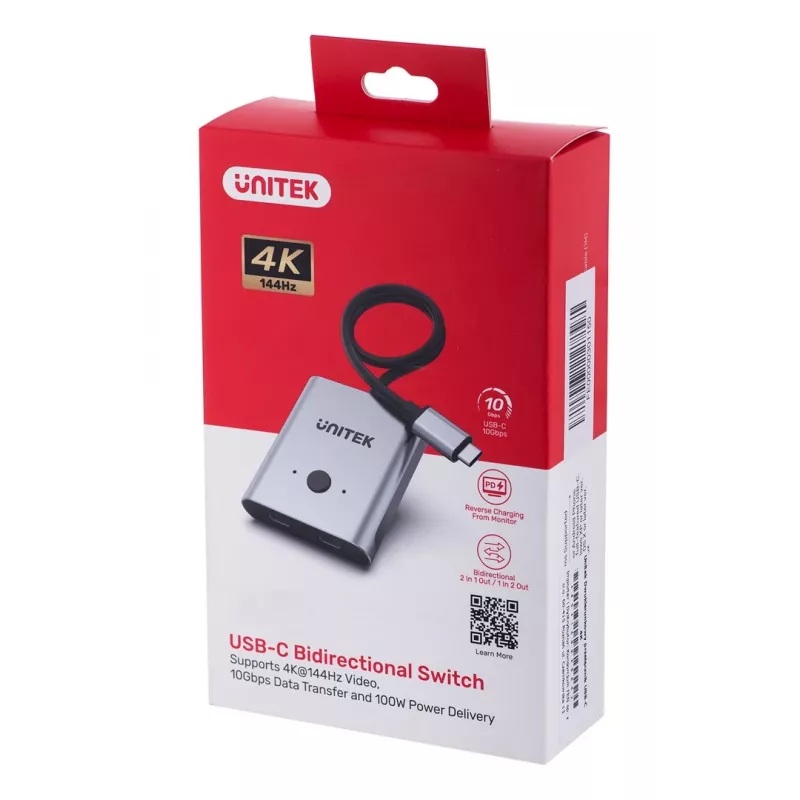 USB-C šakotuvas Unitek D1078A — USB-C dokinimo stotis, 2x USB-C įvestis, 1x USB-C išvestis, 100 W PD, 4K palaikymas, 3840×2160 maks., pilka