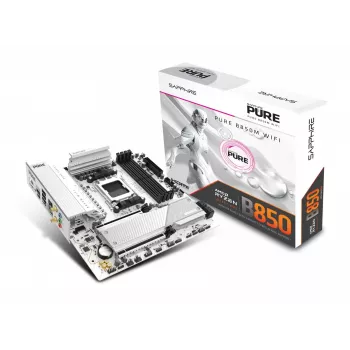 Pagrindinė plokštė Sapphire PURE B850M WIFI Micro ATX — AMD B850, lizdas AM5, DDR5 iki 8000 MHz, 4 DIMM, „Wi‑Fi 6“, 2,5 Gb LAN, 2× M.2, PCIe 5.0 x16