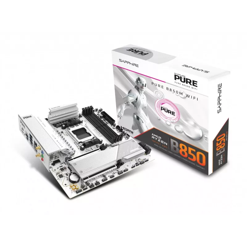 Pagrindinė plokštė Sapphire PURE B850M WIFI Micro ATX — AMD B850, lizdas AM5, DDR5 iki 8000 MHz, 4 DIMM, „Wi‑Fi 6“, 2,5 Gb LAN, 2× M.2, PCIe 5.0 x16