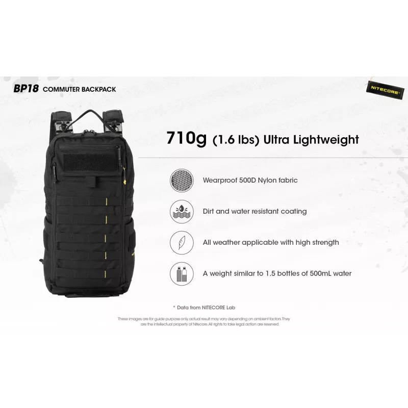 Keliautinė kuprinė Nitecore BP18 — juoda nailono/poliesterio, 240×160×470 mm