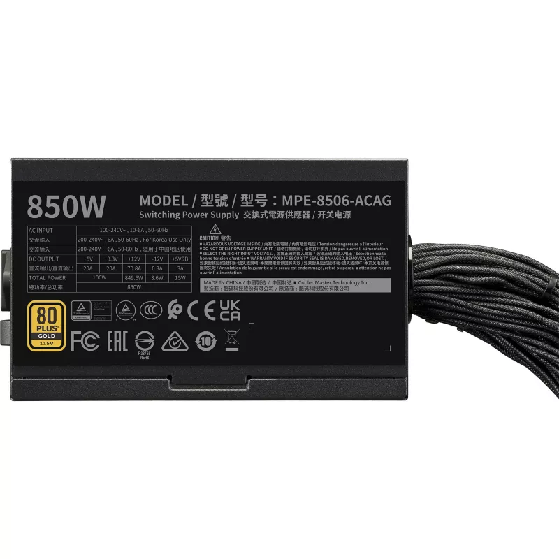 Cooler Master maitinimo blokas MWE Gold 850 V3 850W 80+Gold ne modularus ATX 3.1 ventiliatorius 120mm garantija 5 m.