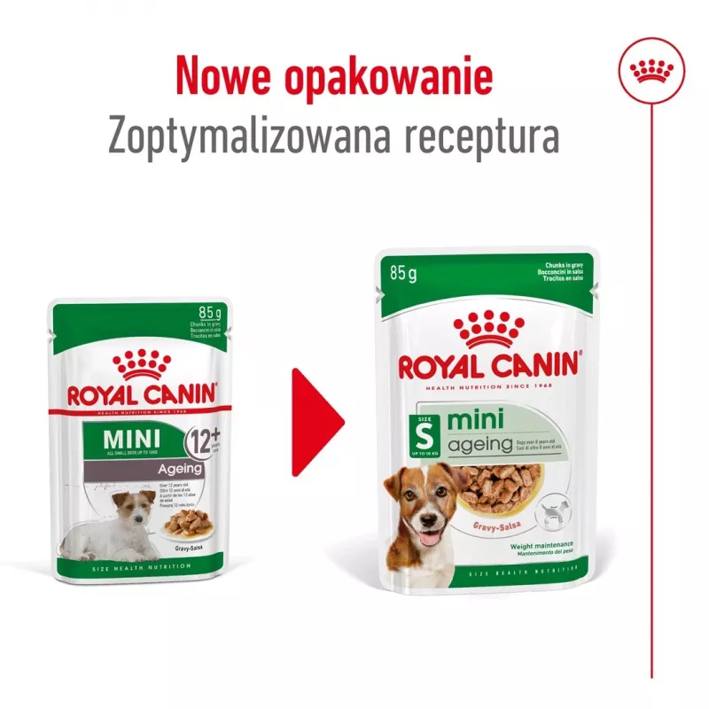 Šlapias šunų ėdalas Royal Canin Mini Ageing 12+ Adult paketėlis 85 g — mažos veislės, paukštiena, vyresnio amžiaus