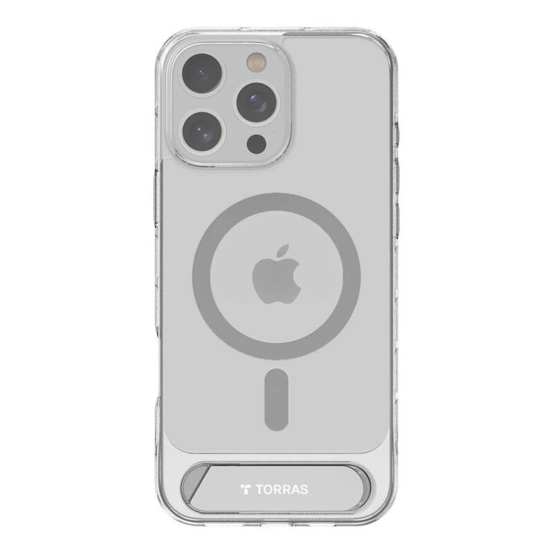 Apsauginis skaidrus dėklas Torras Pstand Series, skirtas iPhone 16 Pro Max — skaidrus, su integruotu stovu