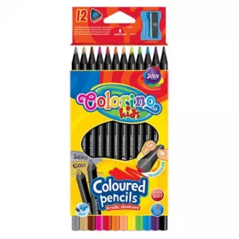 Colorino Kids trikampiai spalvoti pieštukai 12 spalvų (su drožtuku) juodi mediniai