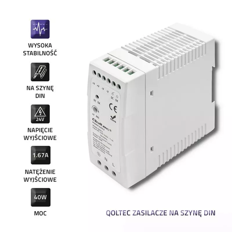 Qoltec Din Rail maitinimo šaltinis | 40W | 24V | 1.67A | Balta | plonas