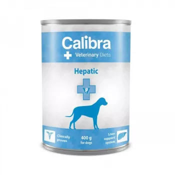 Drėgnas šunų ėdalas Calibra Veterinary Diets Hepatic 400 g — suaugusiųjų vištienos formulė kepenų funkcijai palaikyti, be glitimo ir sojos