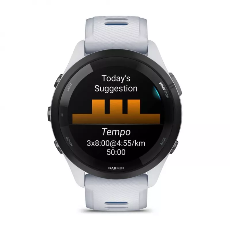 Išmanusis laikrodis GARMIN Forerunner 265 — 46 mm GFRP korpusas, AMOLED 1,3 colio, GPS/GLONASS/Galileo, 15 dienų baterija, 5 ATM, silikoninis dirželis