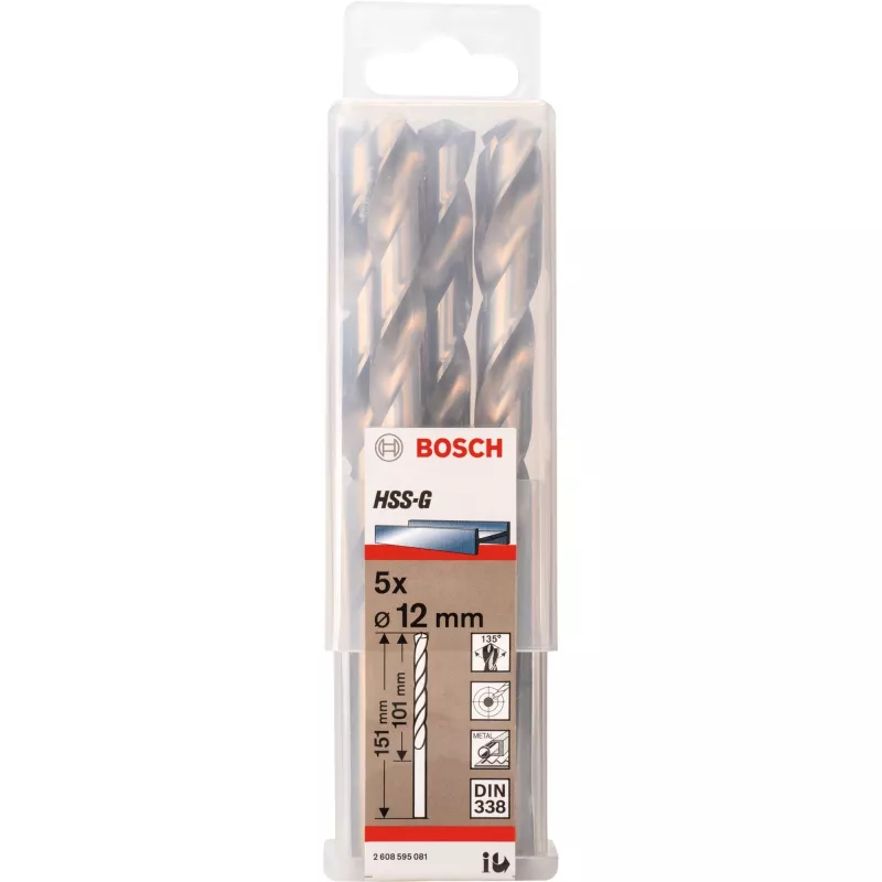 Grąžtų rinkinys Bosch HSS-G 12 mm, 5 vnt., darbinis ilgis 101 mm