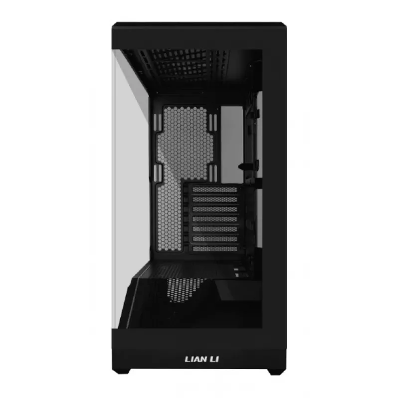 Kompiuterio korpusas Lian Li Vector V100 Midi Tower — juodas su permatomu skydeliu, palaiko 3×120 mm šoninius + 1×120 mm galinį ventiliatorius, 3,5 colio HDD, 2,5 colio SSD, 235,5×446×484,6 mm