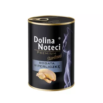 Šlapias kačių maistas Dolina Noteci Premium Sterilised — perlinė višta, 400 g skardinė, pilnavertis suaugusių kačių pašaras