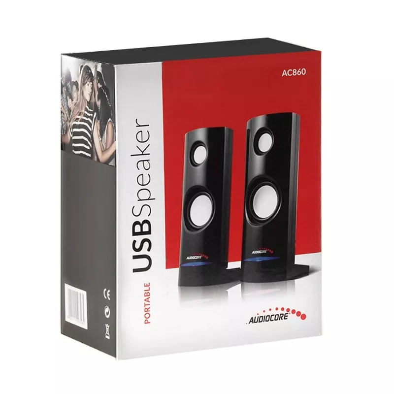 2 krypčių laidinė kompiuterio kolonėlė Audiocore AC860, 2.0 kanalai, 4 W RMS, maitinimas USB, 3,5 mm įvestis, juoda