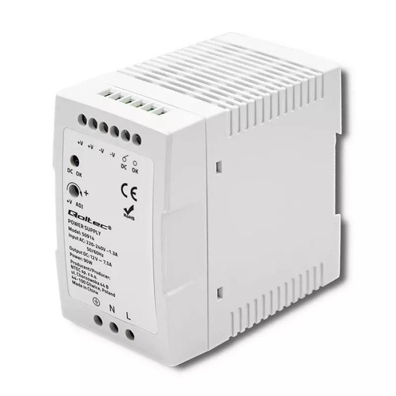 Qoltec 50914 DIN bėgio maitinimo šaltinis | 90 W | 12 V | 7,5 A | Baltas | Plonas