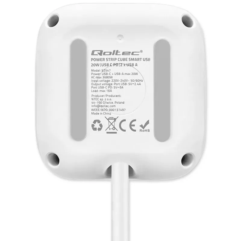 Maitinimo kubas QOLTEC 52547 – maitinimo šakotuvas su 3× AC lizdais, 2× USB-A, 1× USB-C PD 20W