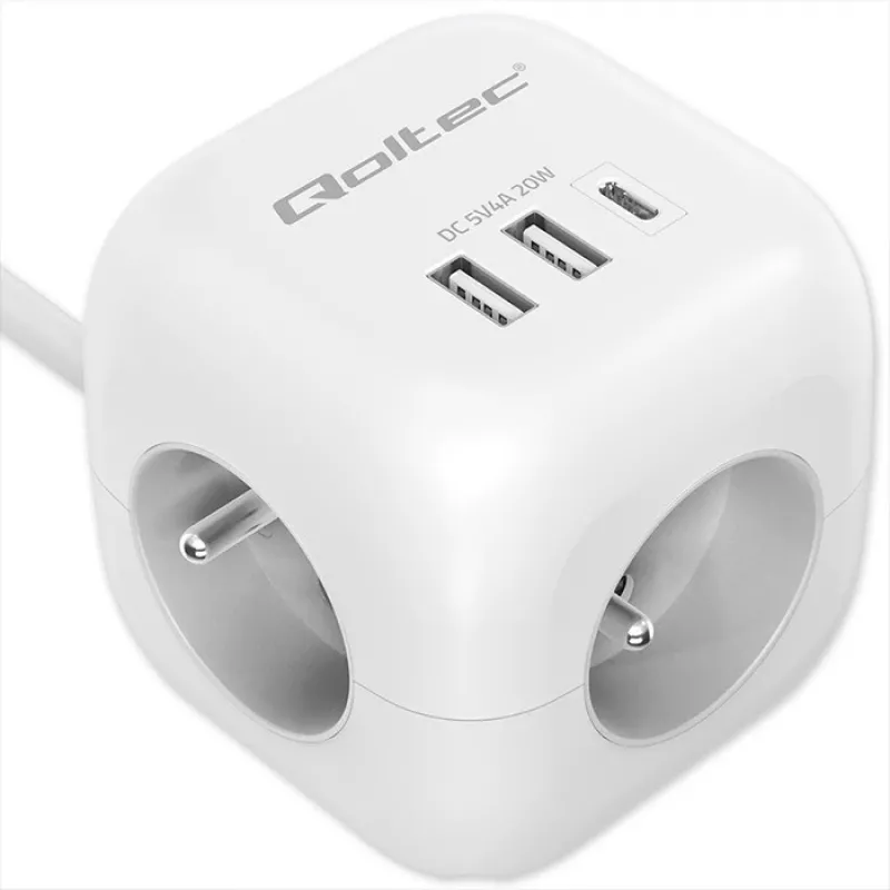 Maitinimo kubas QOLTEC 52547 – maitinimo šakotuvas su 3× AC lizdais, 2× USB-A, 1× USB-C PD 20W