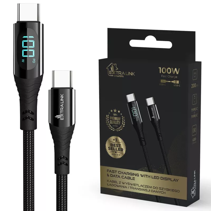 USB-C kabelis Extralink CABESL04 100W, 200 cm, LED ekranas, juodas