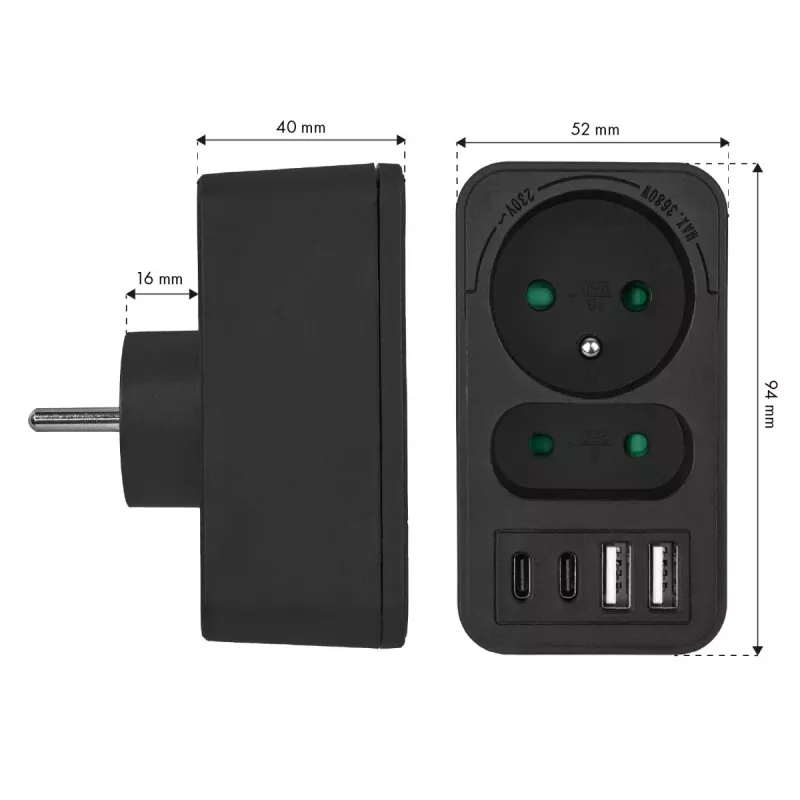Maitinimo skirstytuvas MACLEAN MCE249 F/B — 2 kintamosios srovės lizdai (16A + 6A) su 2×USB-A ir 2×USB-C PD 20W, EU kištukas, juodas