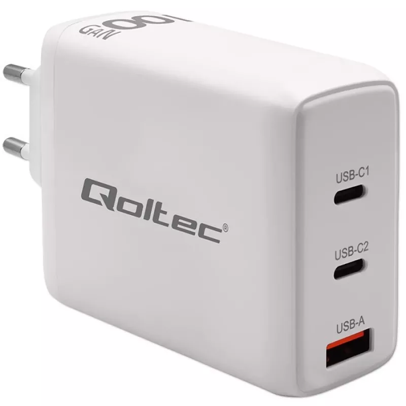 Įkroviklis QOLTEC 100W GaN USB-C Dual PD 5–20V 1,5–5A, 2×USB-C