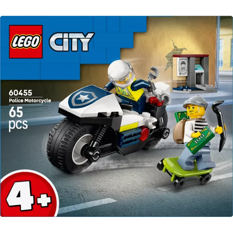 LEGO City policijos motociklo gaudynių rinkinys 60455 — 65 dalys, 2 minifigūrėlės, amžius 4+