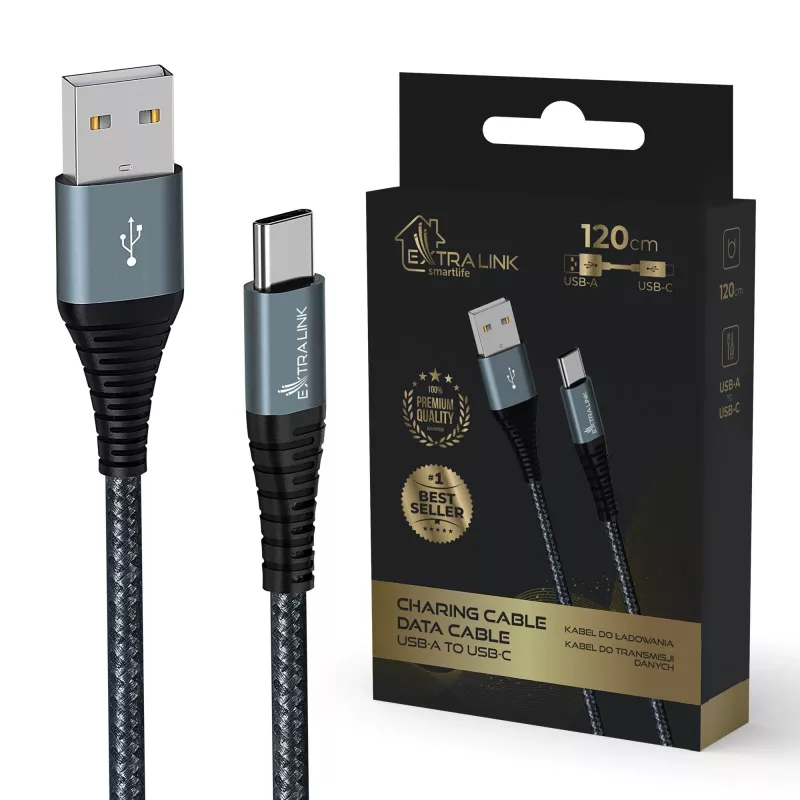 USB-A į USB-C laidas Extralink Smart Life 15W, 120 cm, nailoninė pynė, 5V 2.4A/3A, juoda